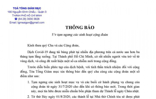 Tổng giáo phận TPHCM tạm ngưng thánh lễ từ 31/7