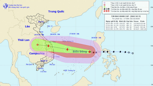 Chiều 27/10, bão số 9 (Molave) chỉ còn cách Phú Yên 400km, gió giật cấp 16