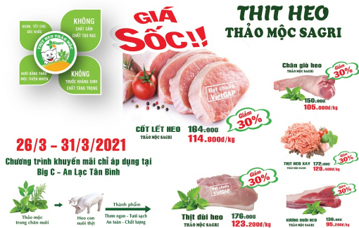 Nhân dịp khai trương quầy thịt heo thảo mộc Sagri tại Big C - An Lạc, Sagrifood giảm giá sốc chưa từng có