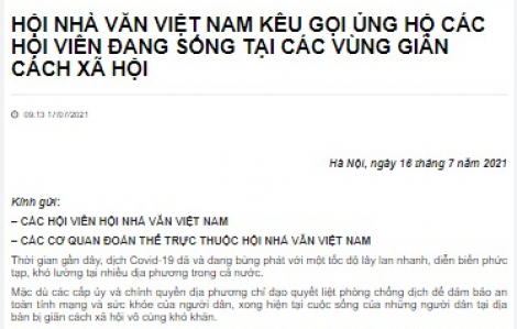 Hội Nhà văn Việt Nam kêu gọi ủng hộ hội viên sống ở các vùng giãn cách