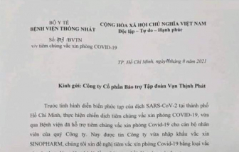 Bệnh viện Thống Nhất nói gì về thông báo tiêm vắc xin cho nhân viên Tập đoàn Vạn Thịnh Phát?