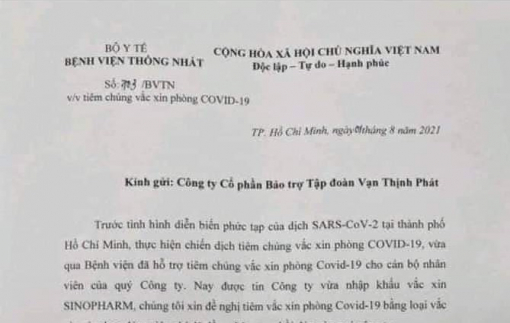 Bệnh viện Thống Nhất nói gì về thông báo tiêm vắc xin cho nhân viên Tập đoàn Vạn Thịnh Phát?