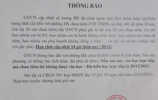 Phụ huynh xôn xao trước thông báo “chưa tiêm vắc xin COVID-19 không được đến trường”