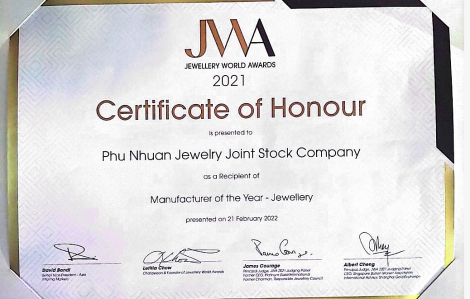 Giải thưởng ngành kim hoàn thế giới - JWA vinh danh PNJ là nhà sản xuất, chế tác trang sức xuất sắc nhất của năm 2021
