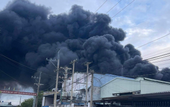 Đang cháy lớn công ty sản xuất keo ở Long An, khói đen bốc cao vút trời