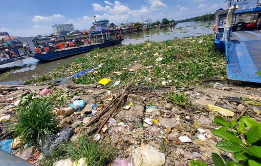 Rác nổi đầy sông, mùi hôi nồng nặc ở bến phà Phú Định