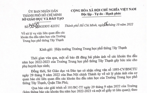 Sở GD-ĐT TPHCM nghiêm khắc phê bình Hiệu trưởng Trường THPT Tây Thạnh