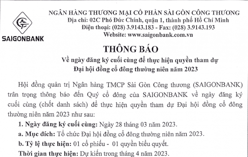 SAIGONBANK thông báo đăng ký tham dự Đại hội đồng cổ đông thường niên 2023