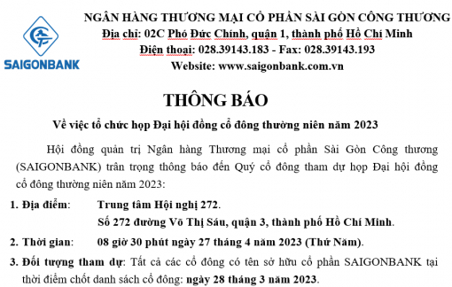 Về việc tổ chức họp Đại hội đồng cổ đông thường niên năm 2023