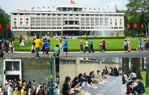 Sáng 30/4, người dân xếp hàng vào tham quan Dinh Độc Lập, ngồi cà phê bệt kể chuyện ngày xưa
