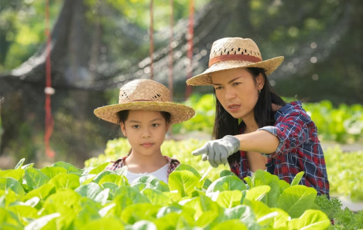 Mẹ con mình cùng chăm cây