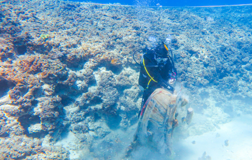 Lặn vớt rác trên rạn san hô ở Lý Sơn