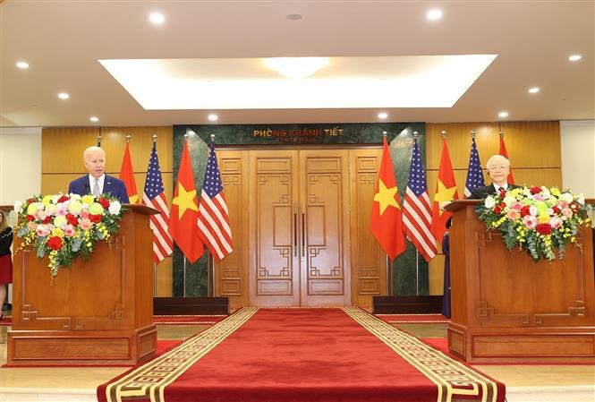  Tổng Bí thư Nguyễn Phú Trọng và Tổng thống Hoa Kỳ Joe Biden tại cuộc họp báo chung. Ảnh: Trí Dũng/TTXVN