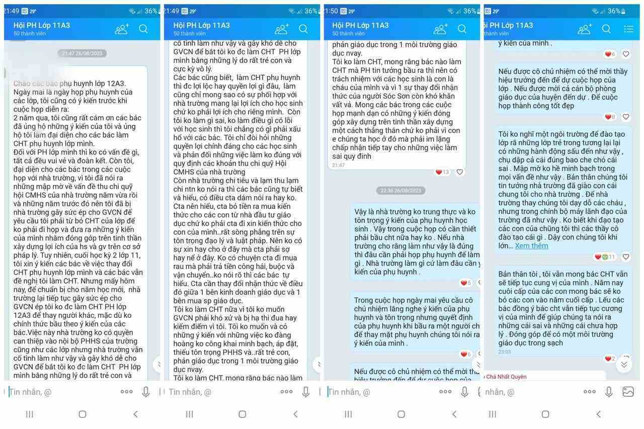 Những tin nhắn của phụ huynh cháu G. trong nhóm Zalo của lớp 12A3 Trường THTP Lạc Long Quân khiến cho cháu G. bị dọa đuổi học - Ảnh: Phụ huynh cung cấp
