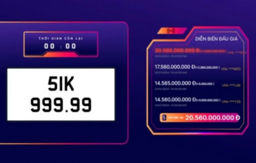 Biển số 51K-999.99 trúng đấu giá hơn 20 tỉ đồng
