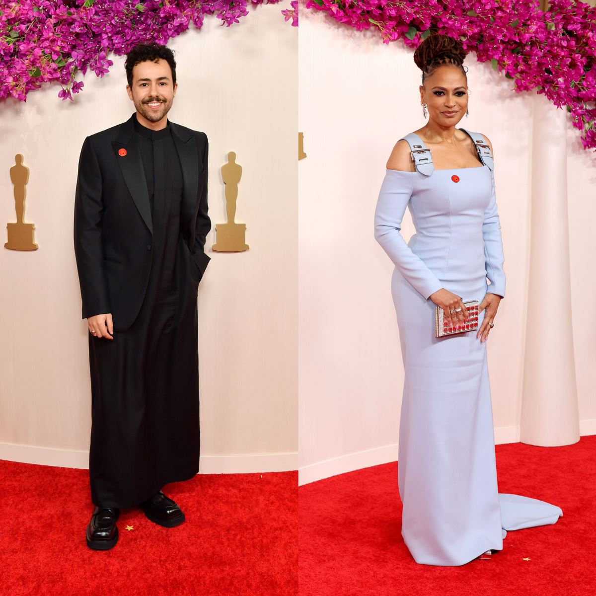 Nam diễn viên Ramy Youssef (trái) và đạo diễn Ava DuVernay đeo ghim Artists4Ceasefire trên thảm đỏ Oscar - Ảnh: Getty Images