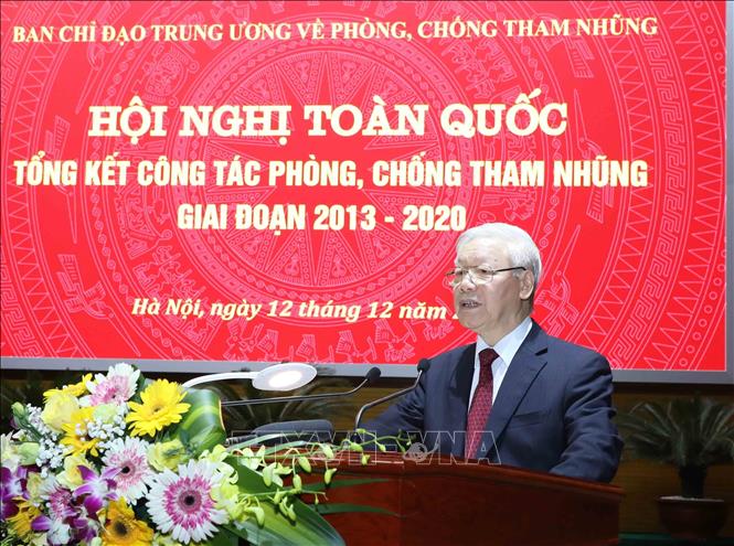 Tổng Bí thư, Chủ tịch nước Nguyễn Phú Trọng phát biểu tại Hội nghị toàn quốc tổng kết công tác phòng, chống tham nhũng giai đoạn 2013 - 2020 (Hà Nội, 12/12/2020). Ảnh: TTXVN