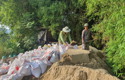 Đắp bao tạm chống sạt lở cửa sông Quảng Huế trước khi bão Trà Mi áp sát bờ