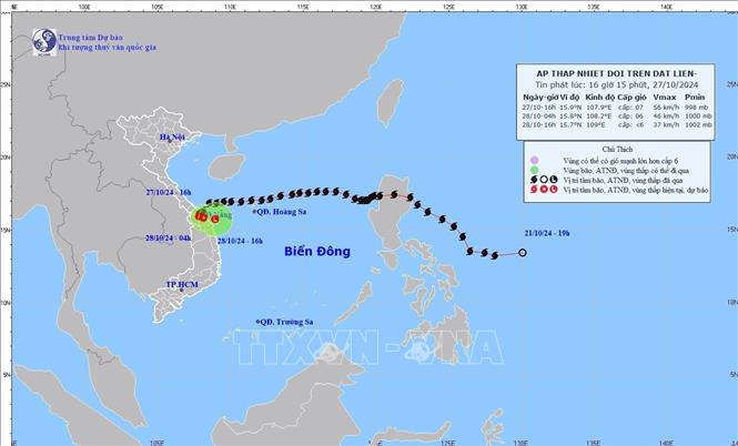 Hướng di chuyển của áp thấp nhiệt đới, cập nhật lúc 16 giờ, ngày 27/10. Ảnh: TTXVN phát