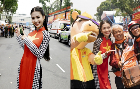 Hoa hậu Thanh Hà diện áo dài đặc biệt cổ vũ các tay đua xe đạp