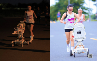 Đẩy xe nôi chạy bộ 15km, mẹ bỉm sữa được khen "siêu ngầu"