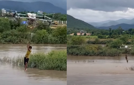 Dùng máy bay không người lái cứu trẻ bị kẹt giữa dòng lũ