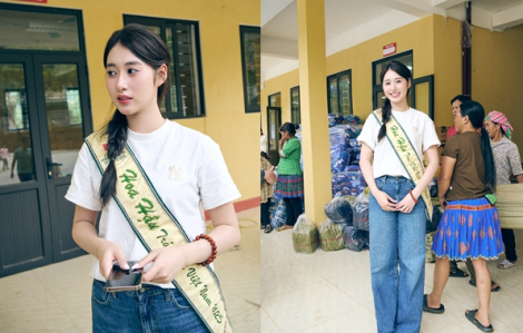 Hoa hậu Trái đất Trâm Anh giản dị khi đi từ thiện