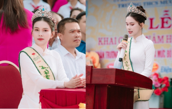 Á hậu Trái đất Linh Đan diện áo dài về thăm trường xưa