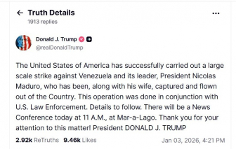 Tổng thống Mỹ Donald Trump tuyên bố tấn công Venezuela, bắt giữ vợ chồng Tổng thống Maduro