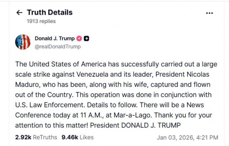Tổng thống Mỹ Donald Trump tuyên bố tấn công Venezuela, bắt giữ vợ chồng Tổng thống Maduro
