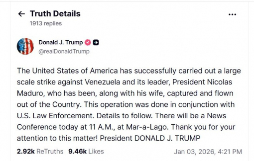 Tổng thống Mỹ Donald Trump tuyên bố tấn công Venezuela, bắt giữ vợ chồng Tổng thống Maduro