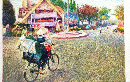 Chàng trai trẻ thêu tranh trên lá khô