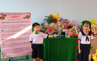 Học sinh tiểu học giới thiệu sản phẩm STEM tái chế bằng tiếng Anh