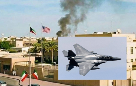 Tiêm kích đầu tiên của Mỹ bị bắn rơi, khói bốc lên ở Đại sứ quán Mỹ tại Kuwait