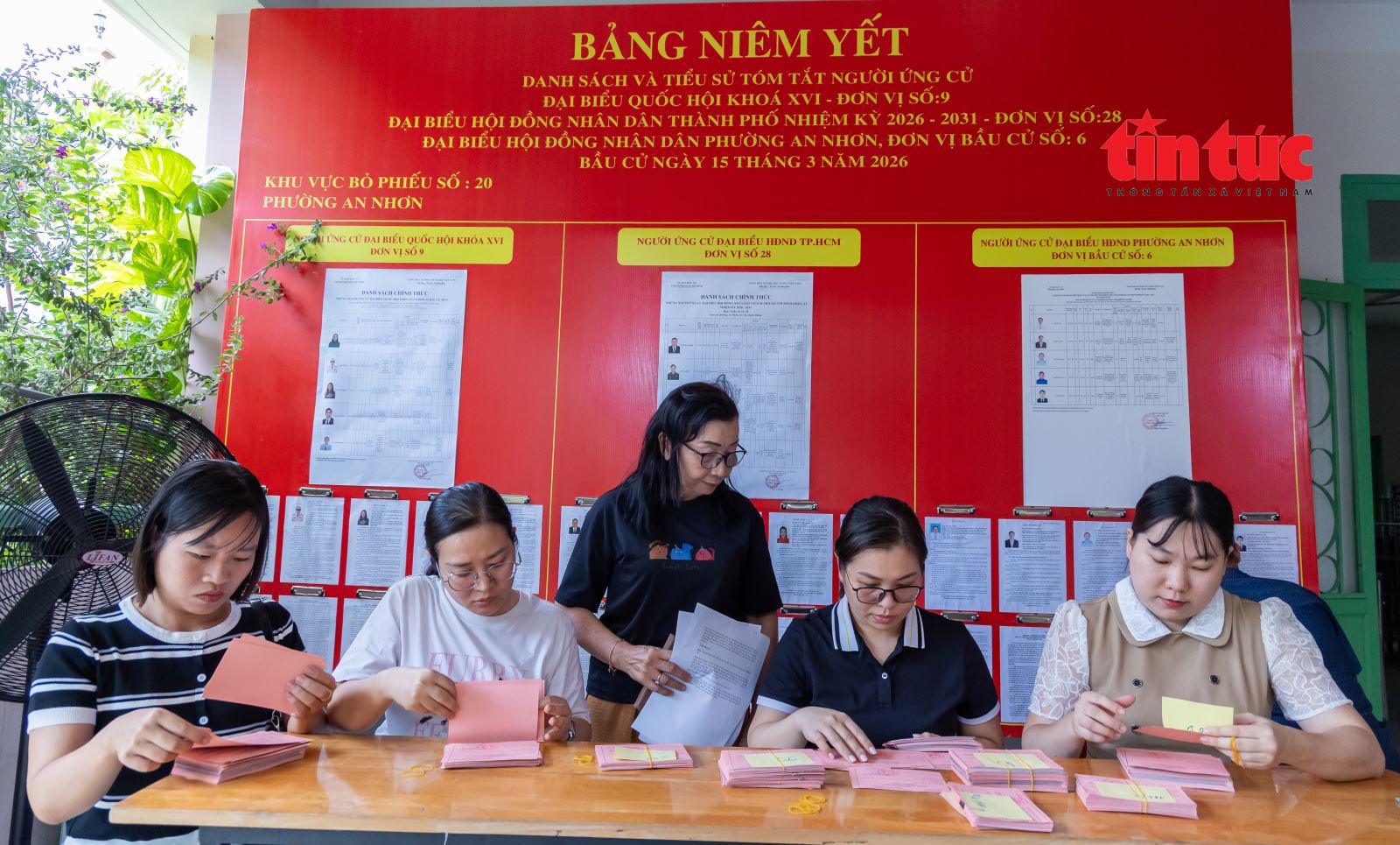 Các thành viên của tổ bầu cử số 20, khu phố 26 (phường An Nhơn) được phân công các công việc như kiểm tra phiếu, phát phiếu, kiểm tra danh sách cử tri, hậu cần và kiểm phiếu.