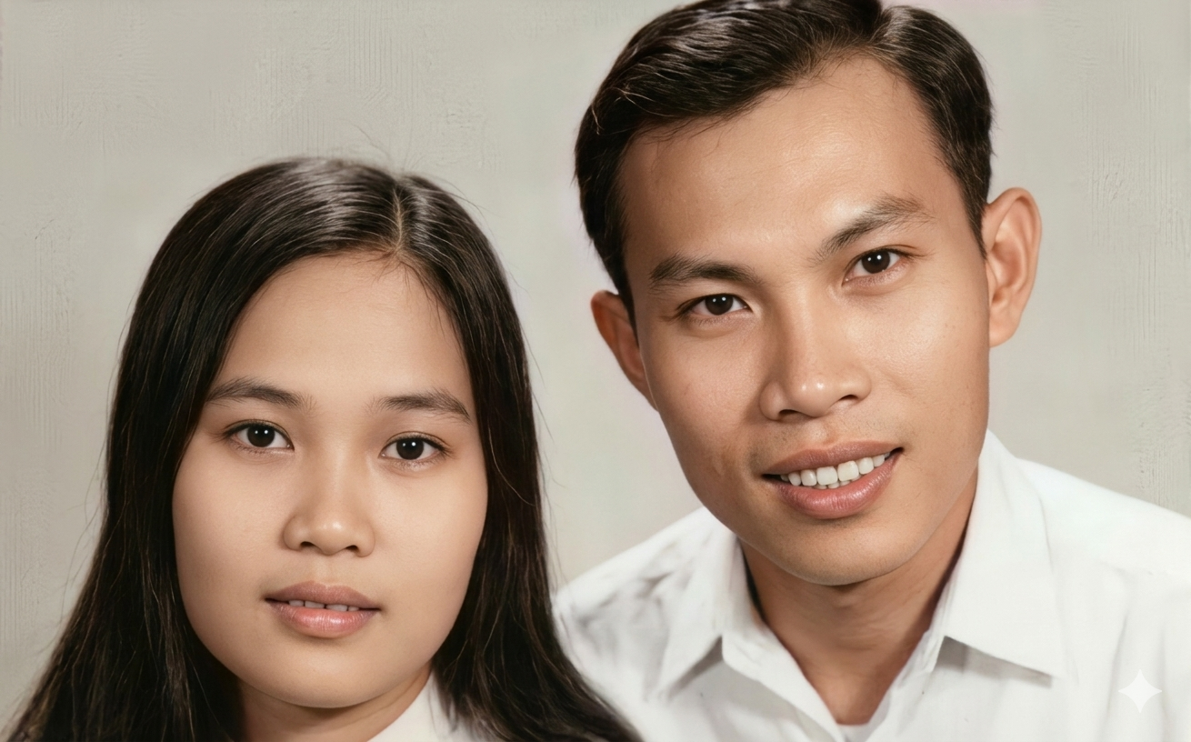 Ông bà Trương Thanh Danh - Lê Tú Cẩm thời trẻ do AI phục chế